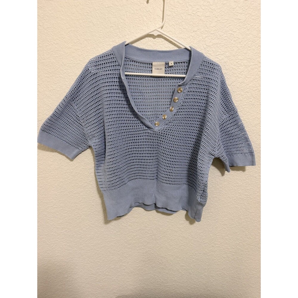 Varley Callie Knit Top Cashmere Blue 100% Cotton Open Weave Mesh M